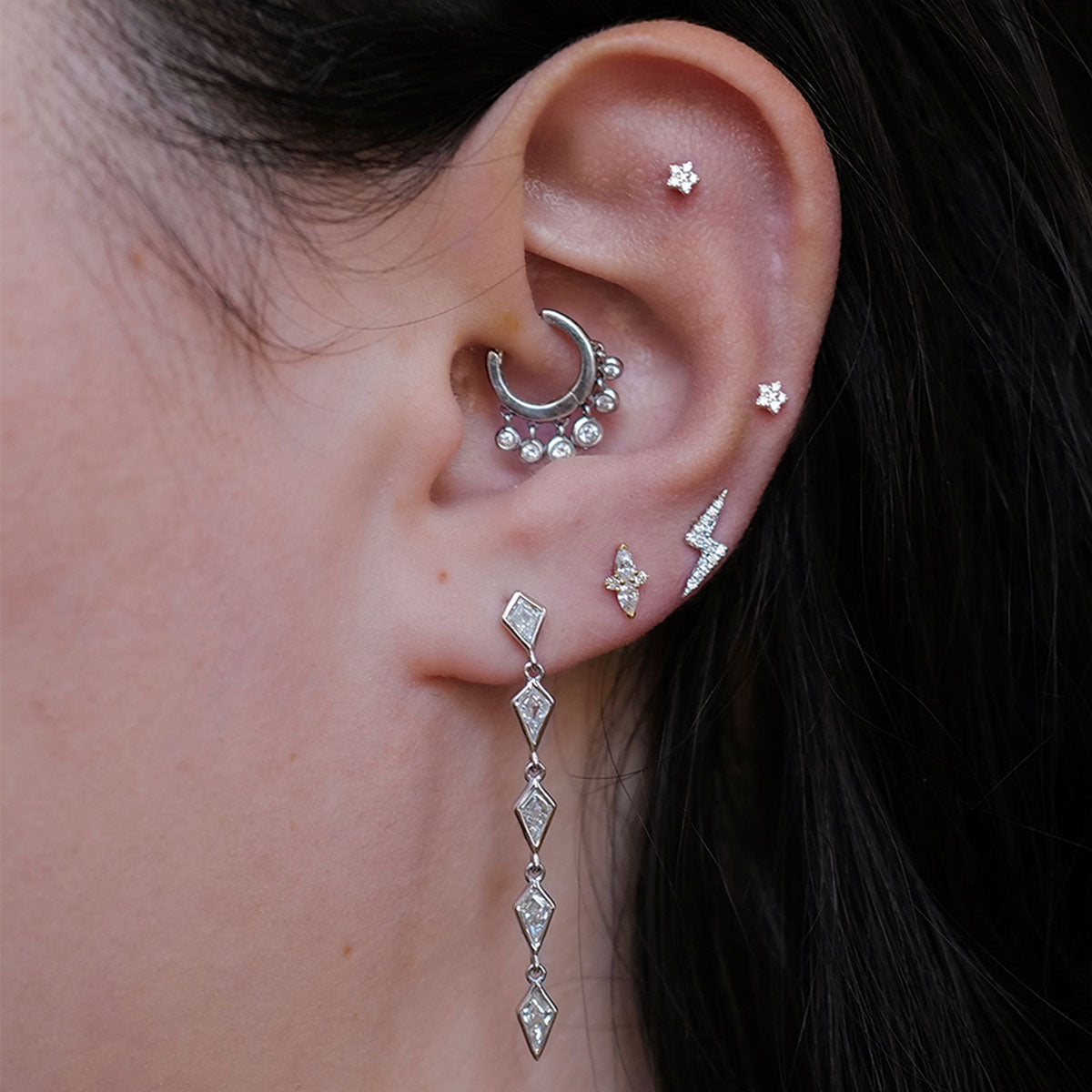 Double Diamond Pear Threaded Flat Back Earring | Single