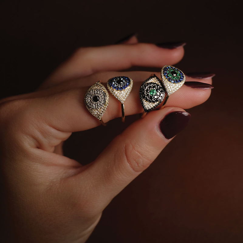 Evil Eye Protector Ring - Black Diamond + Emerald