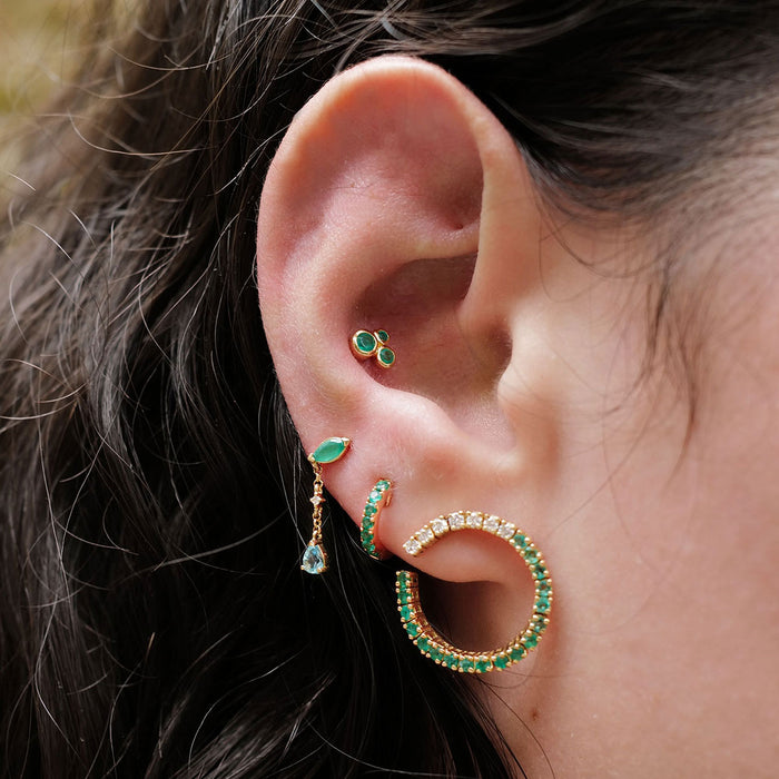 Organic Trio Threaded Flat Back Earring - Emerald | Single