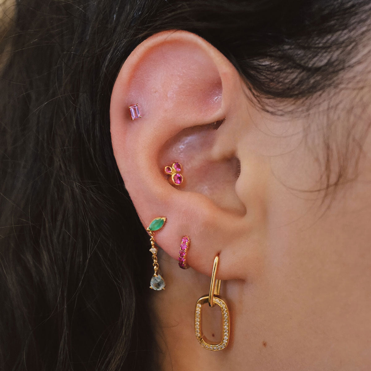 Organic Trio Threaded Flat Back Earring - Ruby | Single