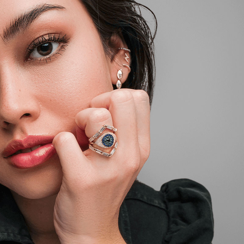 14K Evil Eye Diamond Signet Ring with Brown Diamonds and Black Diamonds - Women's Statement Jewelry by Porter Lyons, White Gold Diamond / 6