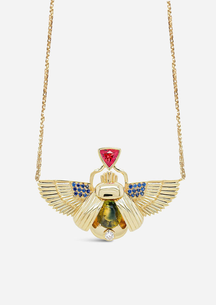 Scarab Necklace - Parti Sapphire + Padparadscha