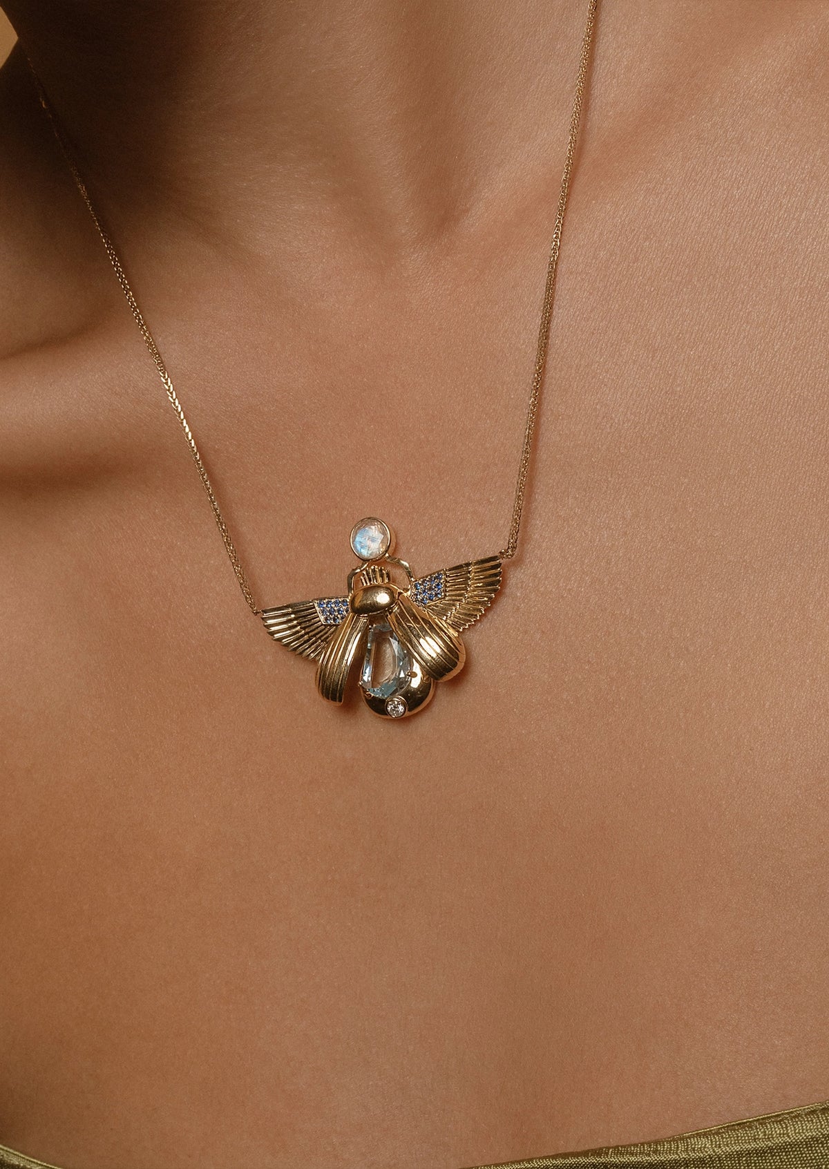 Scarab Necklace - Aquamarine + Moonstone