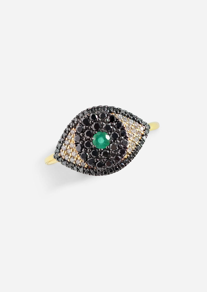 Evil Eye Protector Ring - Black Diamond + Emerald
