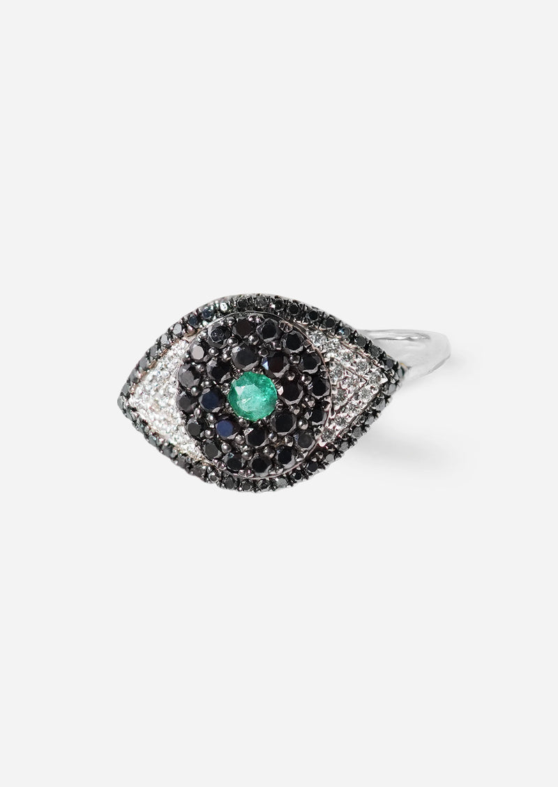Evil Eye Protector Ring - Black Diamond + Emerald