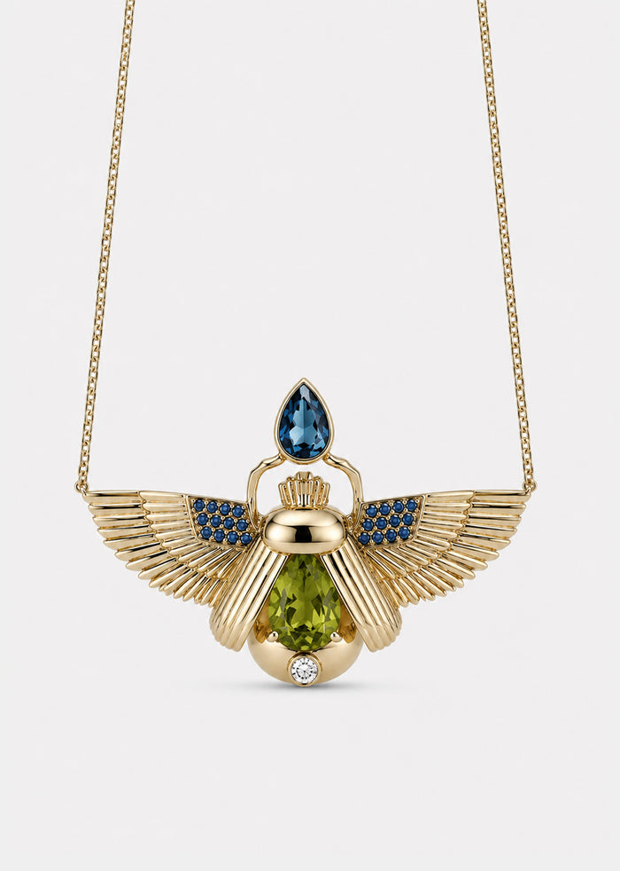 Scarab Necklace - Peridot + London Blue Topaz