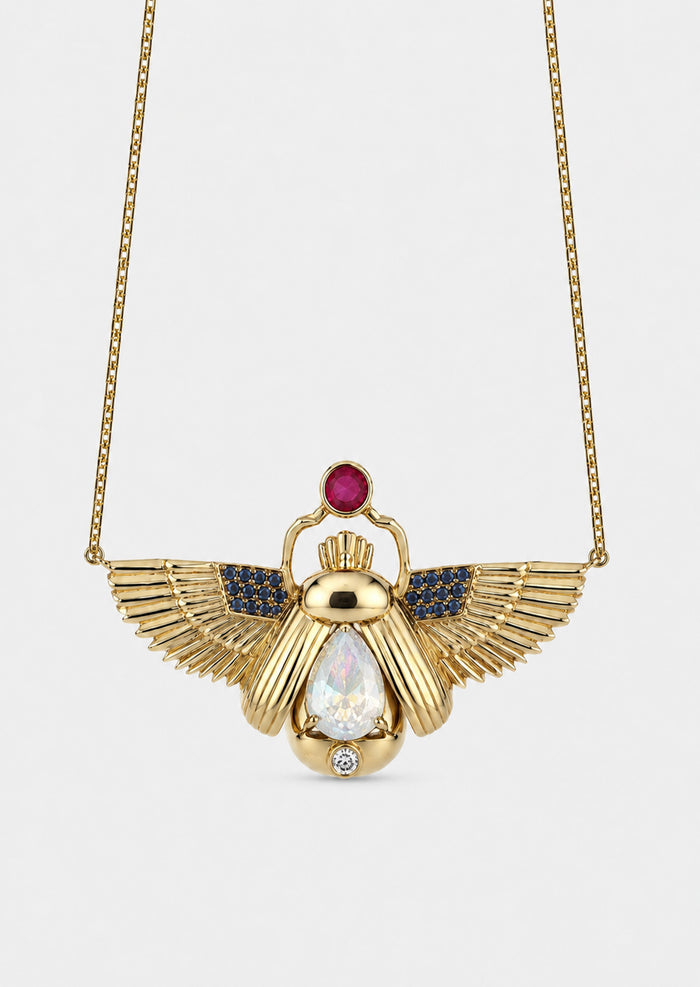 Scarab Necklace - Rainbow Moonstone + Madagascar Ruby