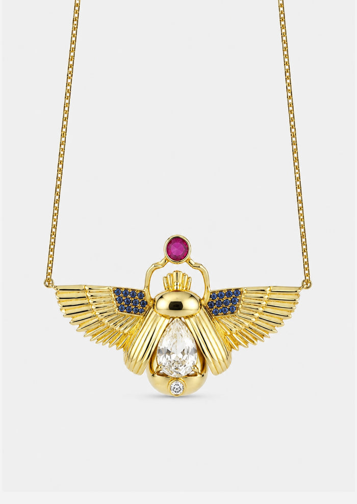 Scarab Necklace - Rainbow Moonstone + Madagascar Ruby