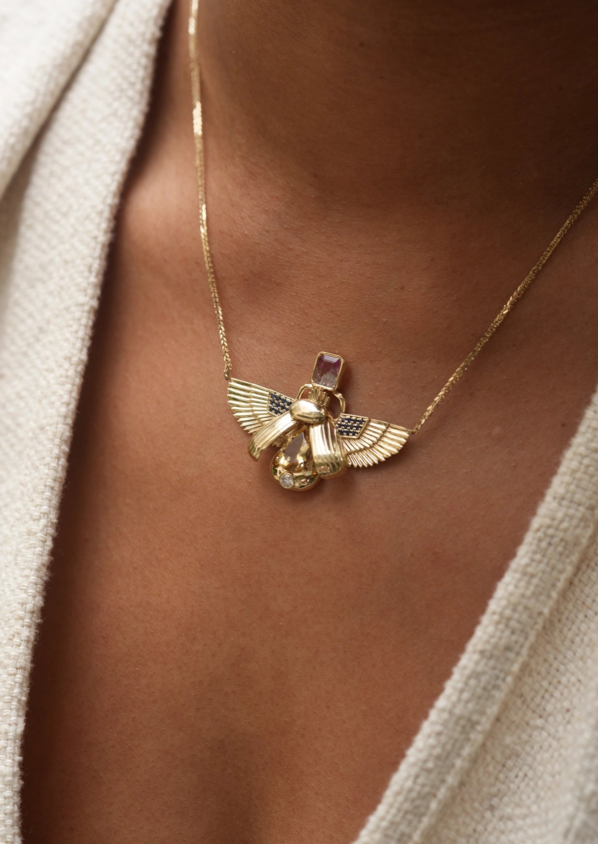 Scarab Necklace - Citrine + Watermelon Tourmaline