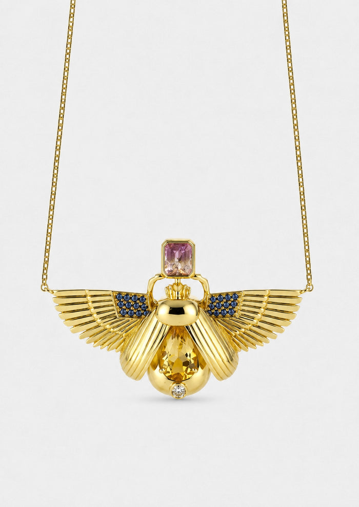 Scarab Necklace - Citrine + Watermelon Tourmaline