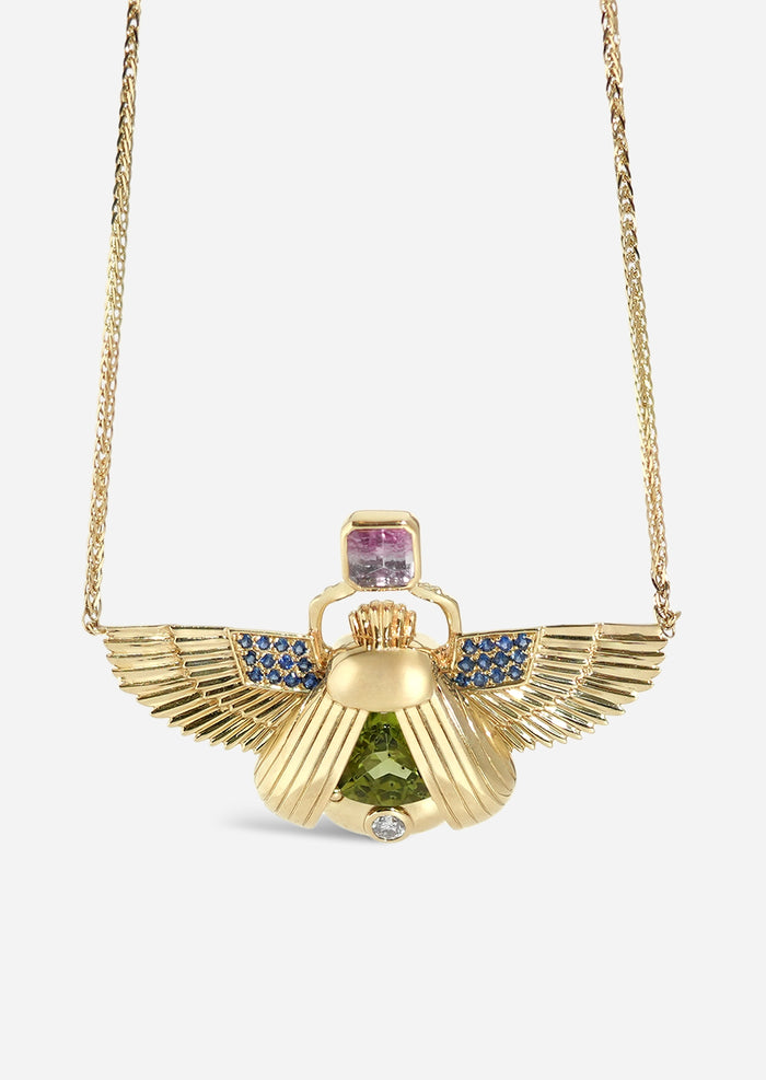 Scarab Necklace - Peridot + Watermelon Tourmaline