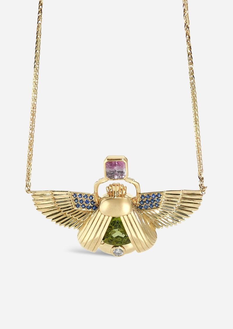 Scarab Necklace - Peridot + Watermelon Tourmaline