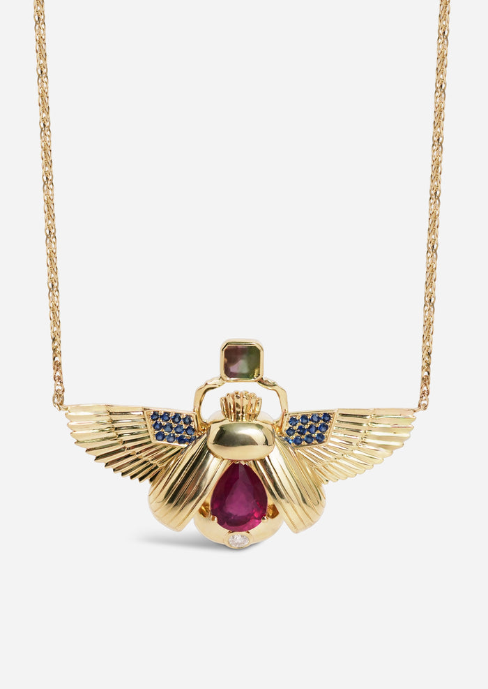 Scarab Necklace - Ruby + Watermelon Tourmaline
