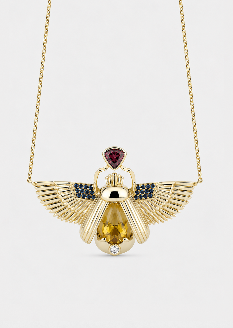 Scarab Necklace - Sphene + Raspberry Garnet
