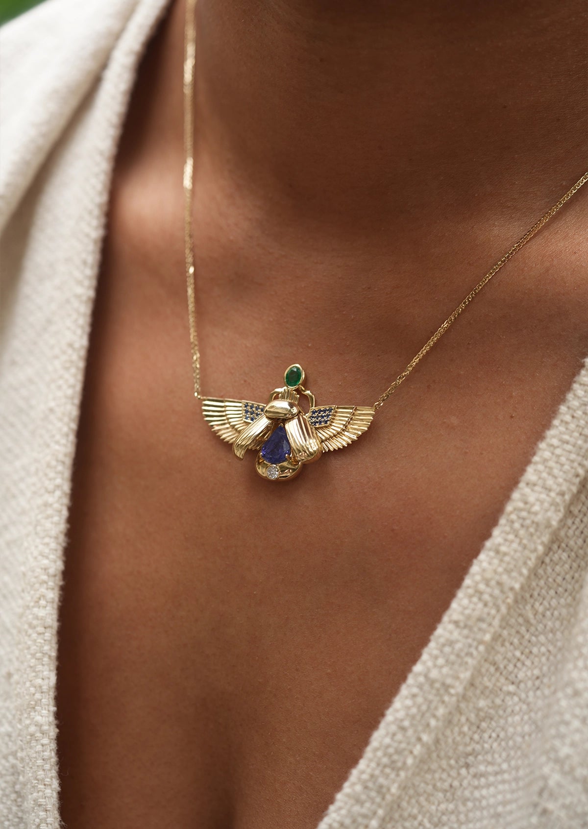 Scarab Necklace - Tanzanite + Columbian Emerald