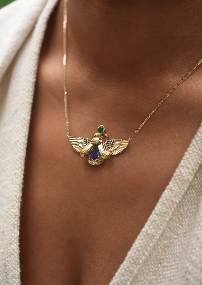 Scarab Necklace - Tanzanite + Columbian Emerald