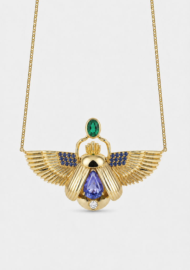 Scarab Necklace - Tanzanite + Columbian Emerald
