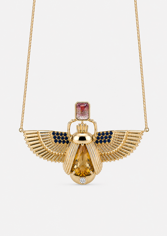 Scarab Necklace - Citrine + Watermelon Tourmaline