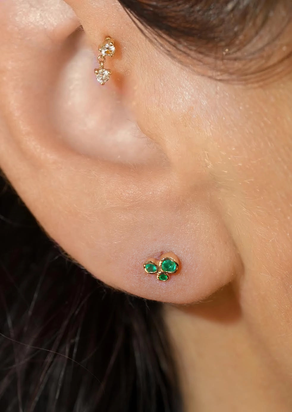 Organic Trio Threaded Flat Back Earring - Emerald | Single