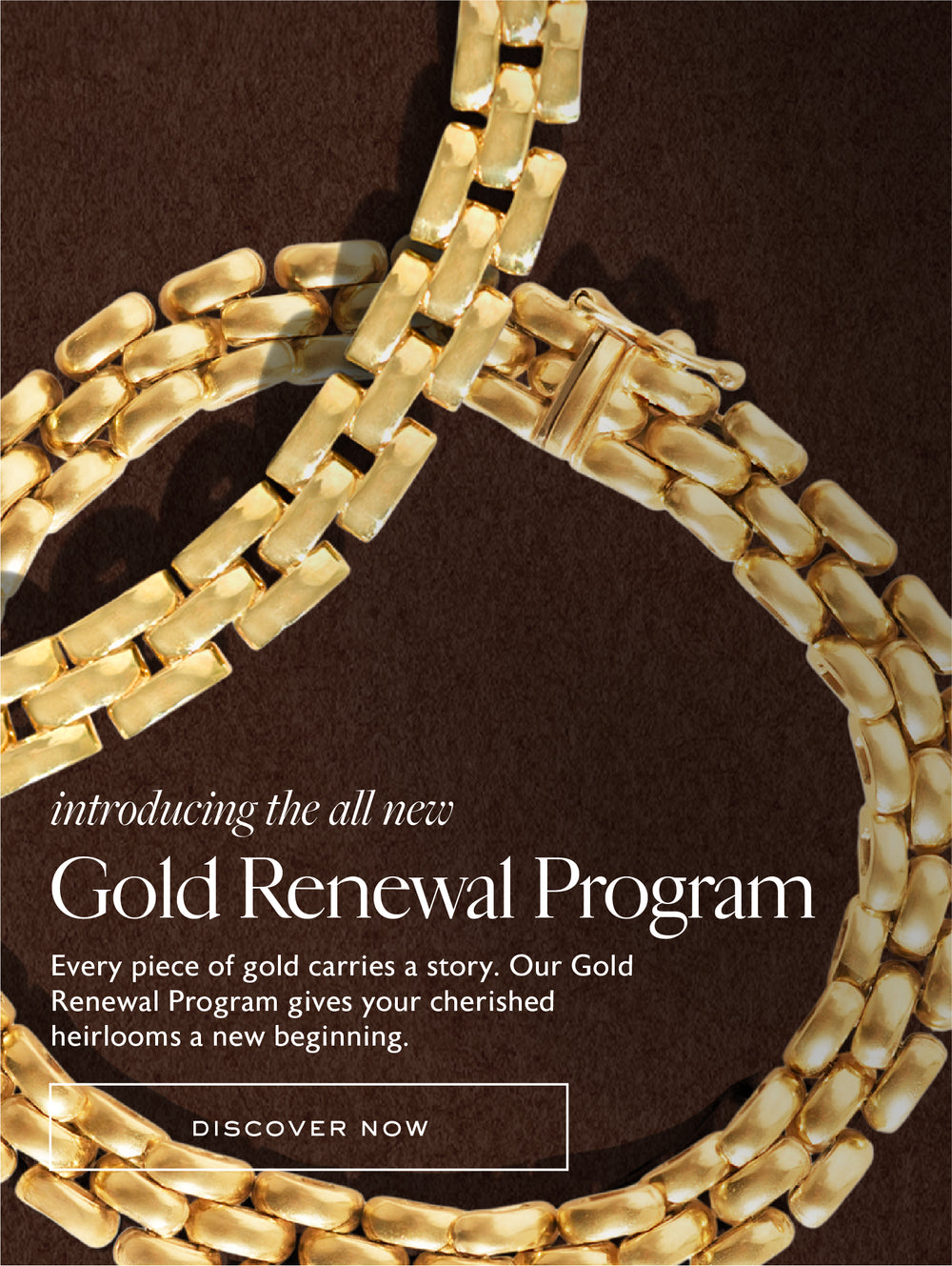 Gold bracelet with text about Gold Renewal Program on a dark background