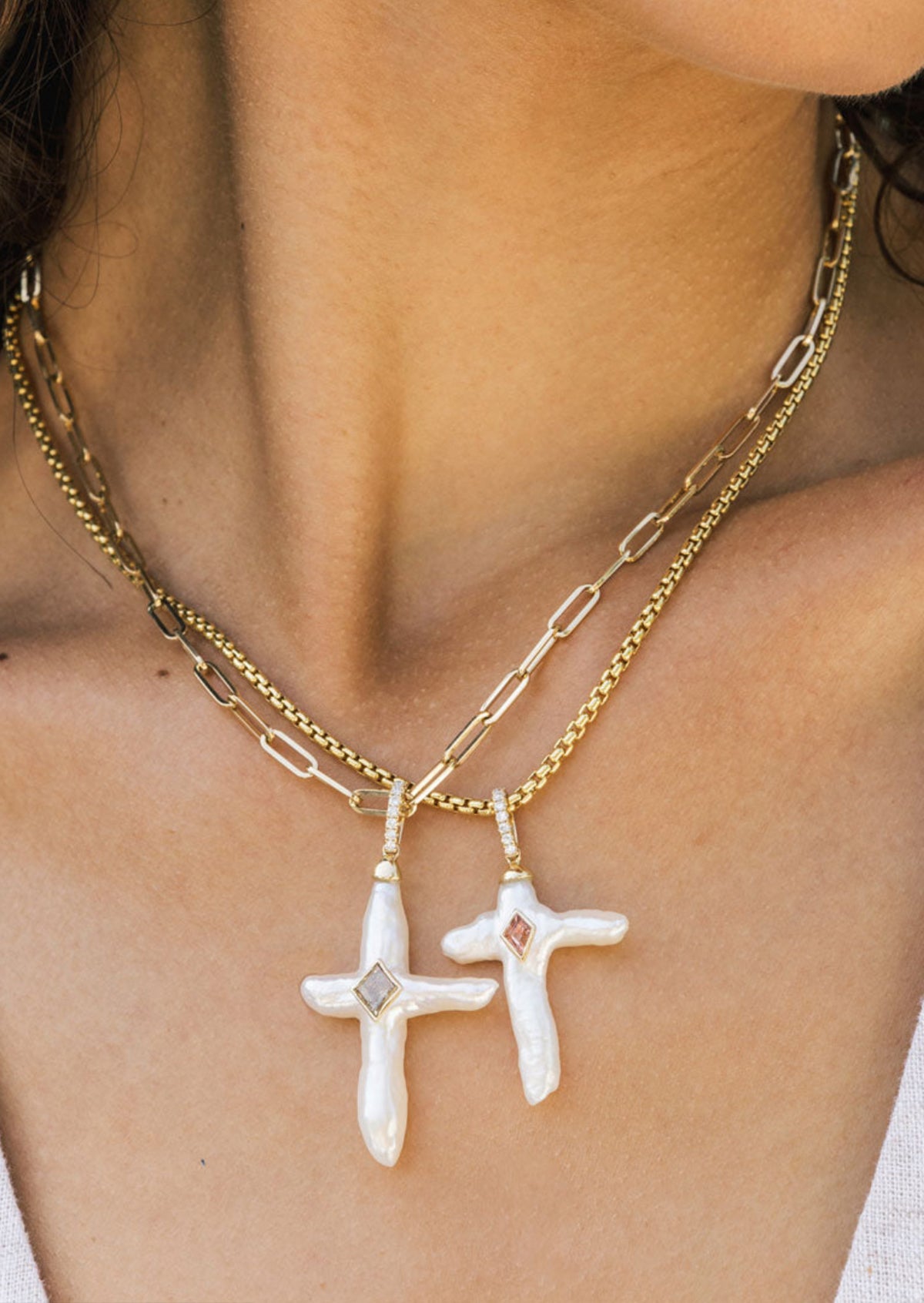 Nexus Pearl Cross Charm - Salt + Pepper Diamond