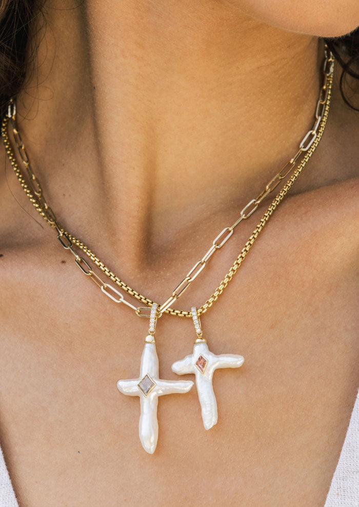Nexus Pearl Cross Charm - Salt + Pepper Diamond