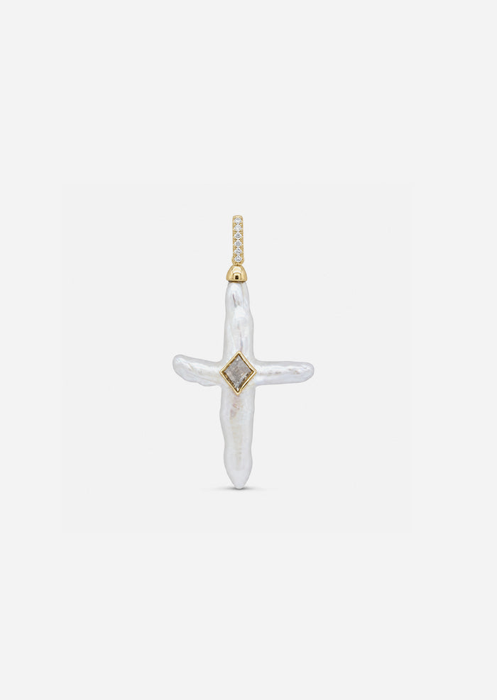 Nexus Pearl Cross Charm - Salt + Pepper Diamond