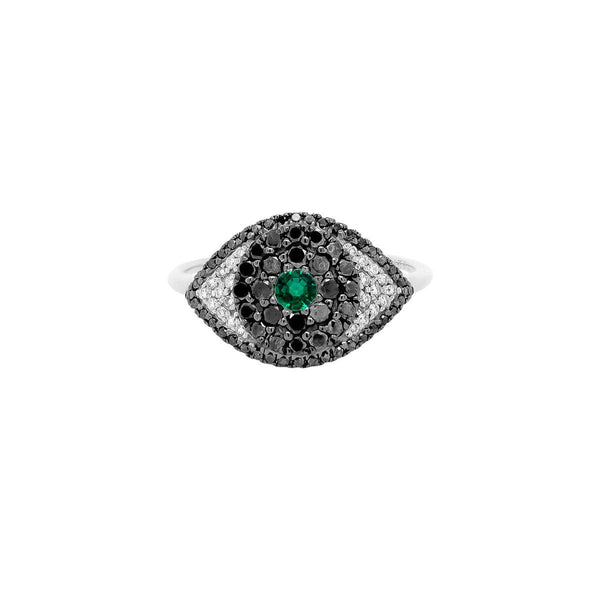 Evil Eye Protector Ring | 2.5GMS .63CTW | Black Diamond and Emerald