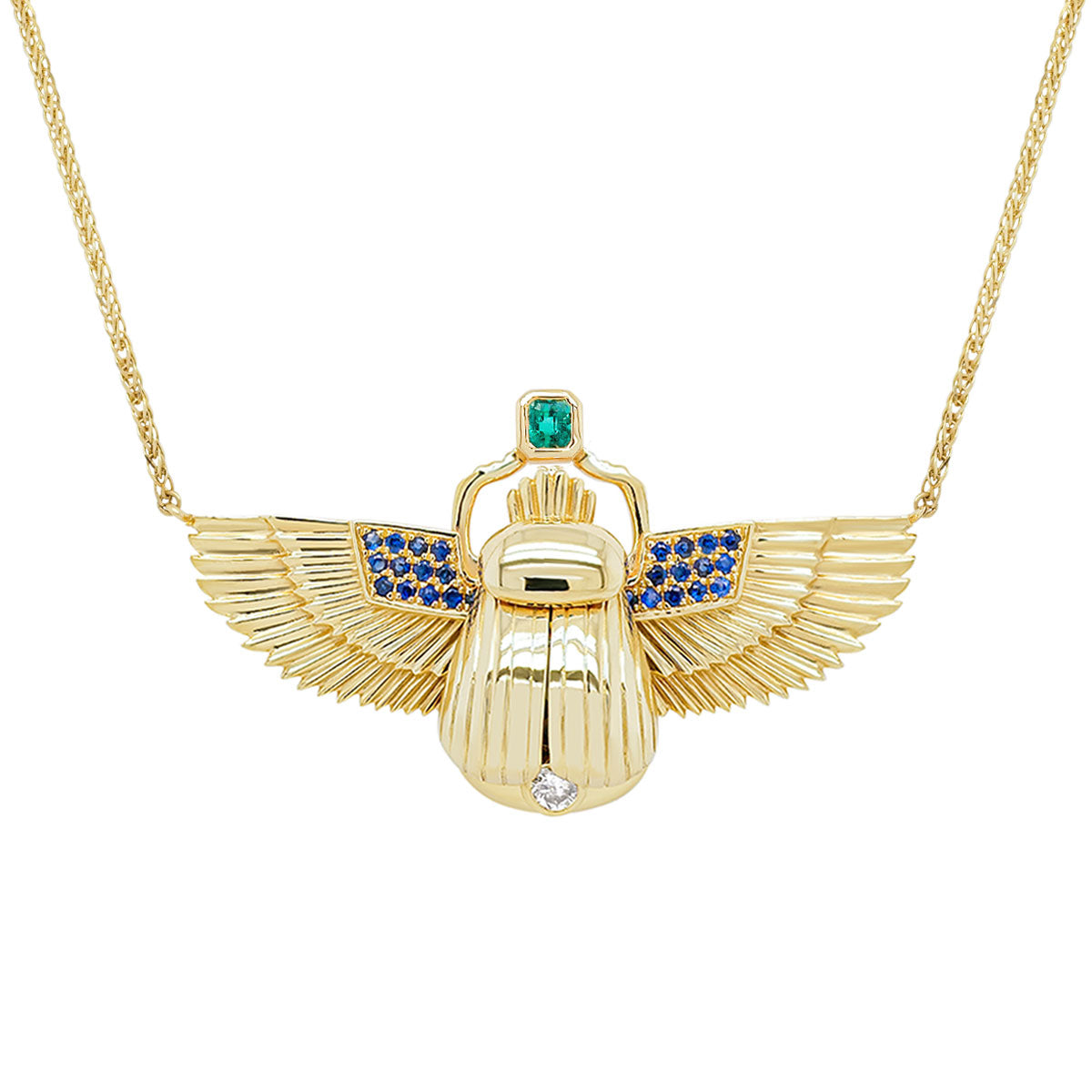 Scarab Necklace - Aquamarine + Columbian Emerald