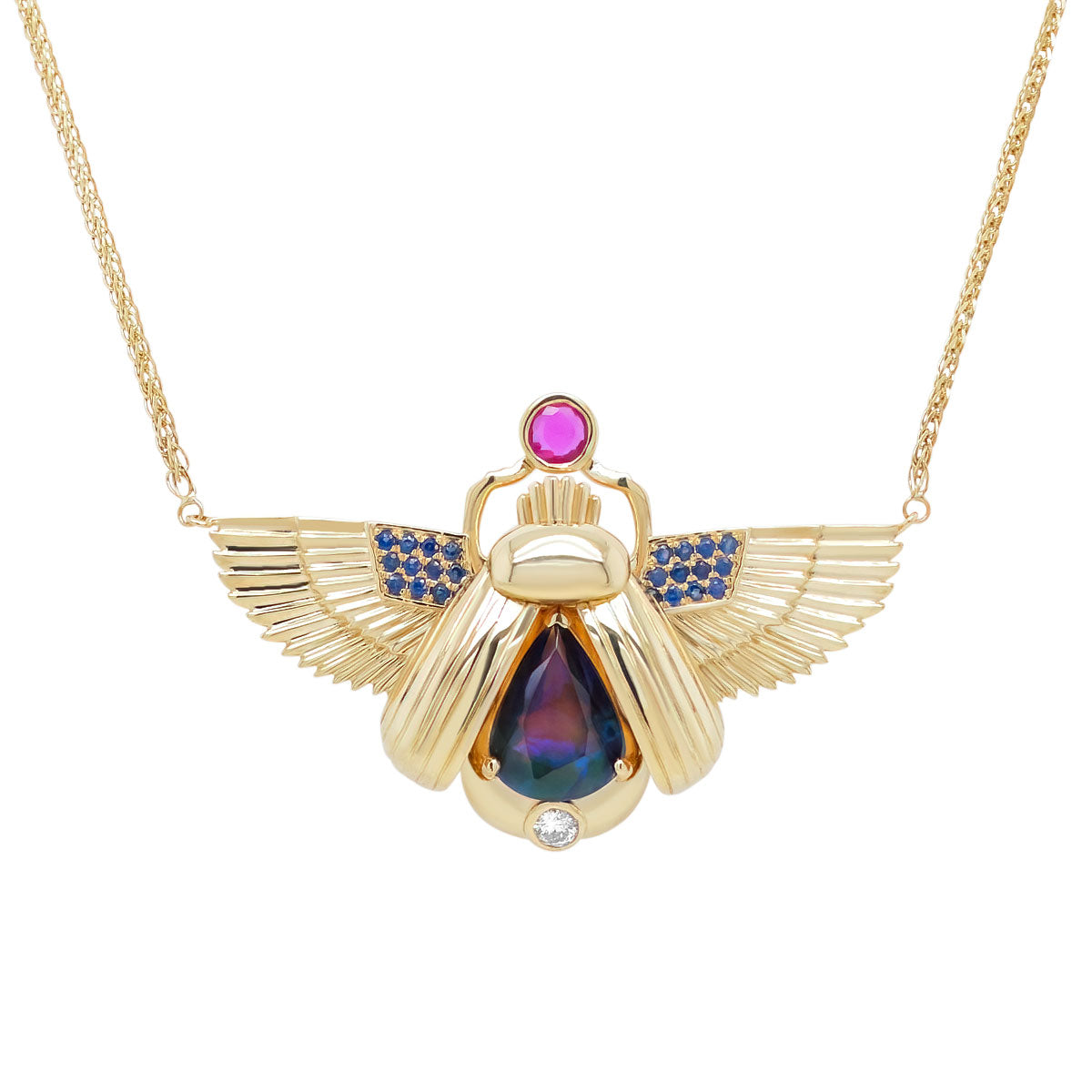 Scarab Necklace - Peacock Opal + Pink Sapphire