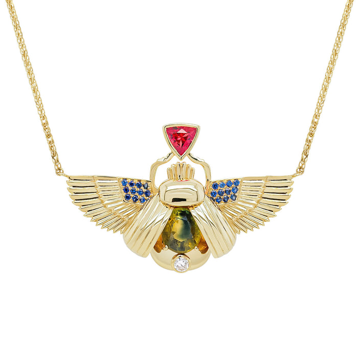 Scarab Necklace - Parti Sapphire + Padparadscha